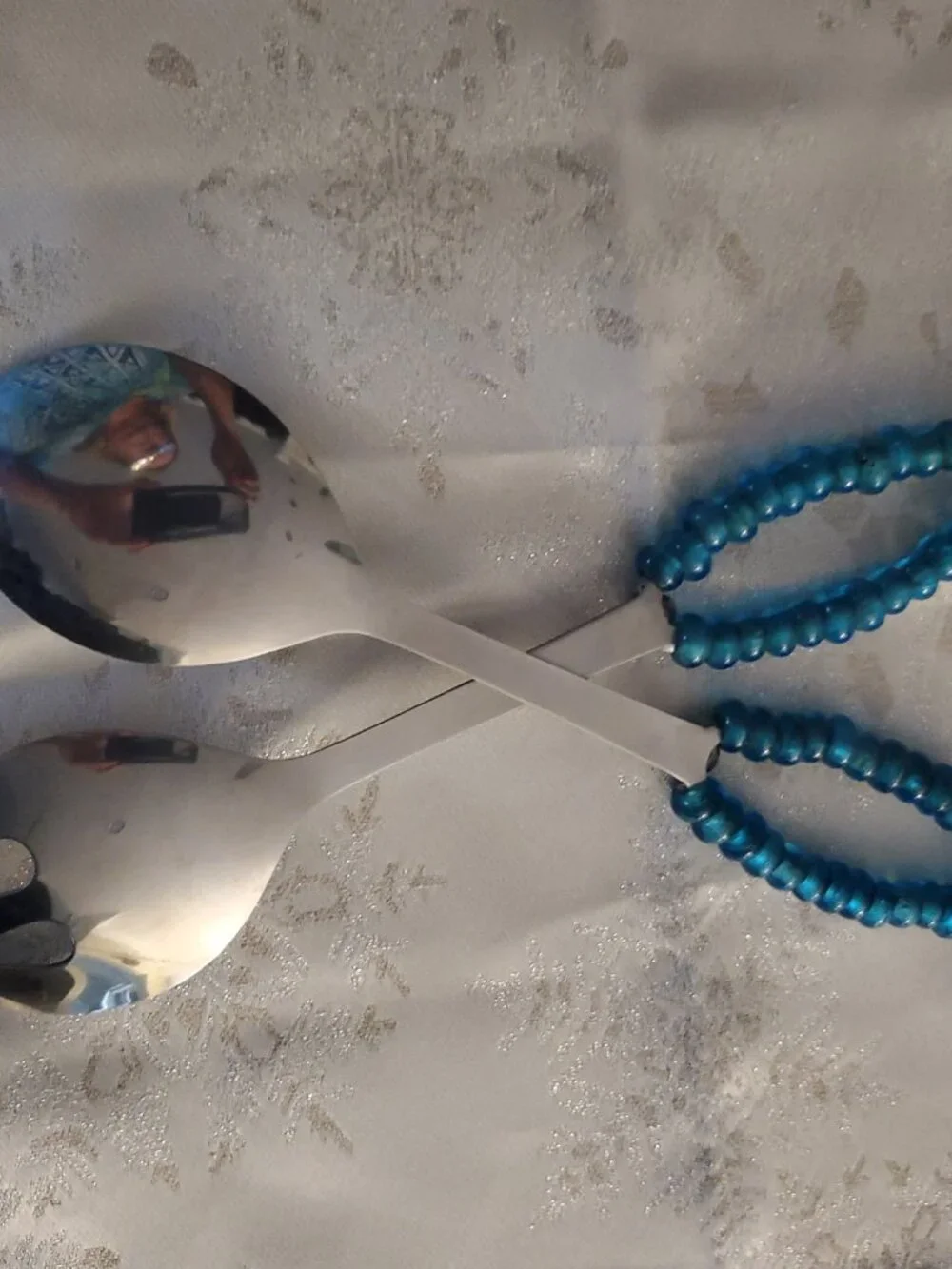 Salad Servers Silver Tone Blue Glass Beaded Handles Contemporary Coastal Dining